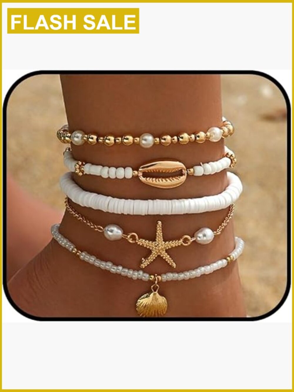 Boho Beaded Anklets for Women - 5 Pack Waterproof Shell Ankle Bracelets Summer